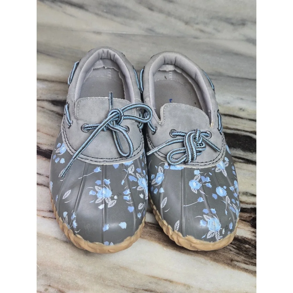 JBU by Jambu Gwen Garden Ready Grey Blue Floral Duck Shoes Rain Loafers Womens 6